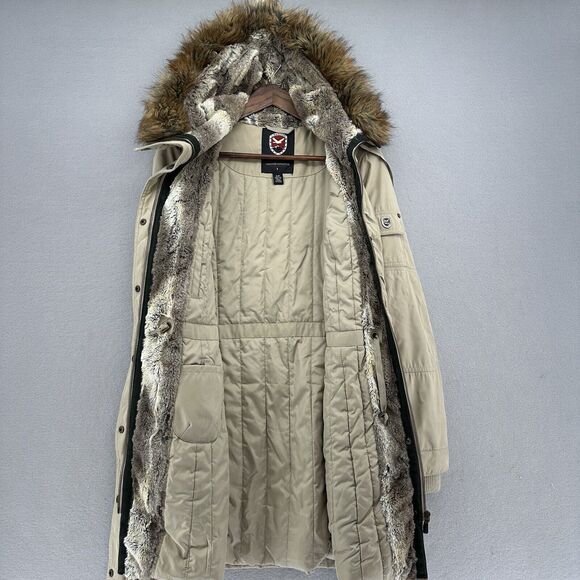 1 Madison Expedition Tan Long Winter Coat Faux Fur Hood Women’s S Retro Preppy‎ - Picture 3 of 10